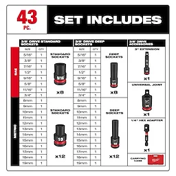 49-66-7009 43PC SHOCKWAVE Impact Duty(TM) 3/8" Drive SAE & Metric Deep 6 Point Socket Set
