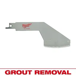 Milwaukee Grout Removal Tool features a silver blade with a serrated edge for efficient grout removal. The Milwaukee logo is printed on the top. The words "GROUT REMOVAL" are shown in bold red letters at the bottom.