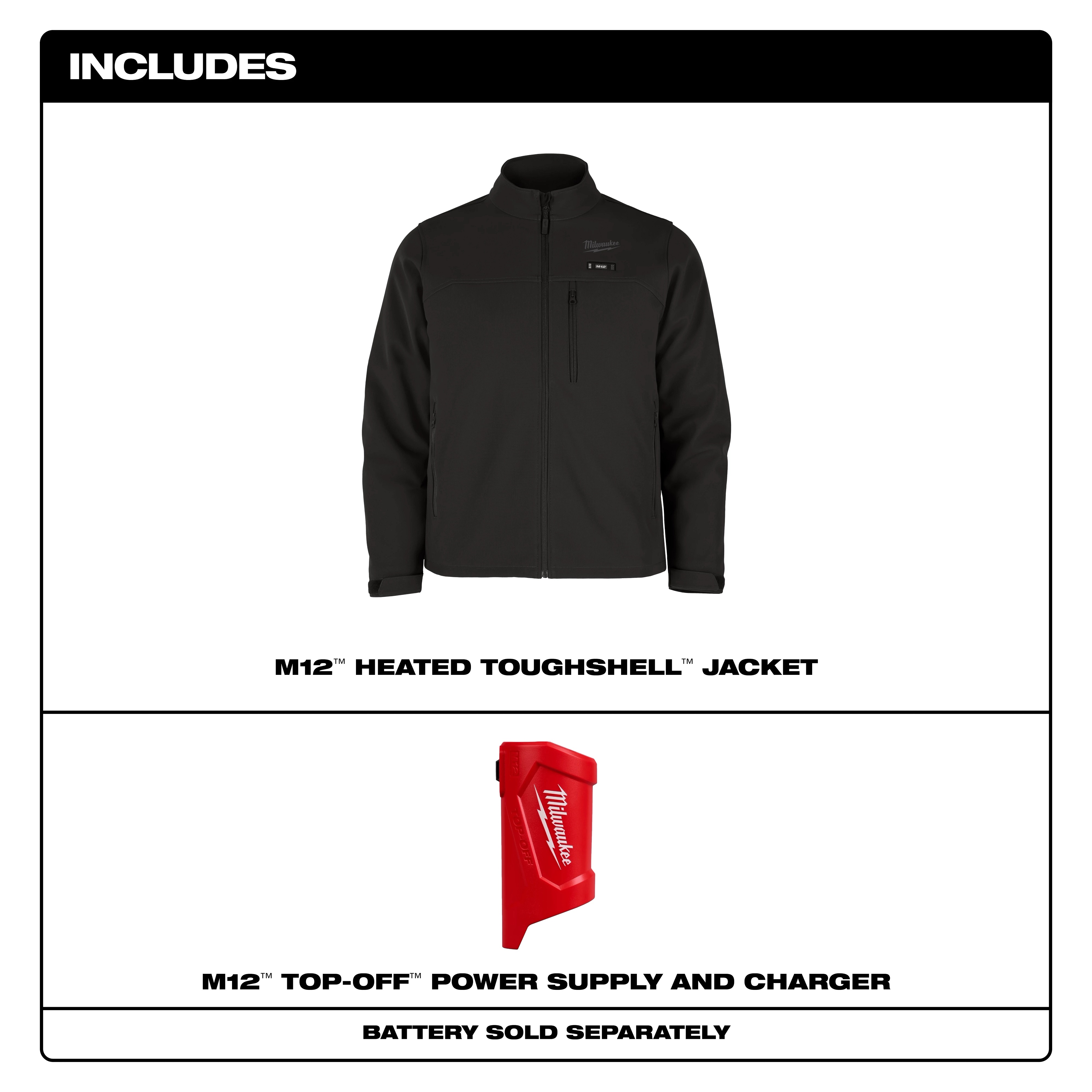 M12 Heated TOUGHSHELL Jacket in black, accompanied by an M12 Top-Off power supply and charger. Battery sold separately.