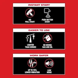 Three sections: "Instant Start," "Easier to Use," and "Work Safer." Emphasizing no pull start, lighter, no mixing