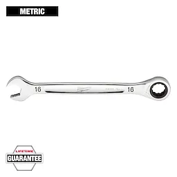 A 16mm Milwaukee combination wrench with a metric label on top. It features an open-end and a box-end with ratcheting capability. The wrench has a polished chrome finish and comes with a lifetime guarantee, indicated by a badge in the lower left.