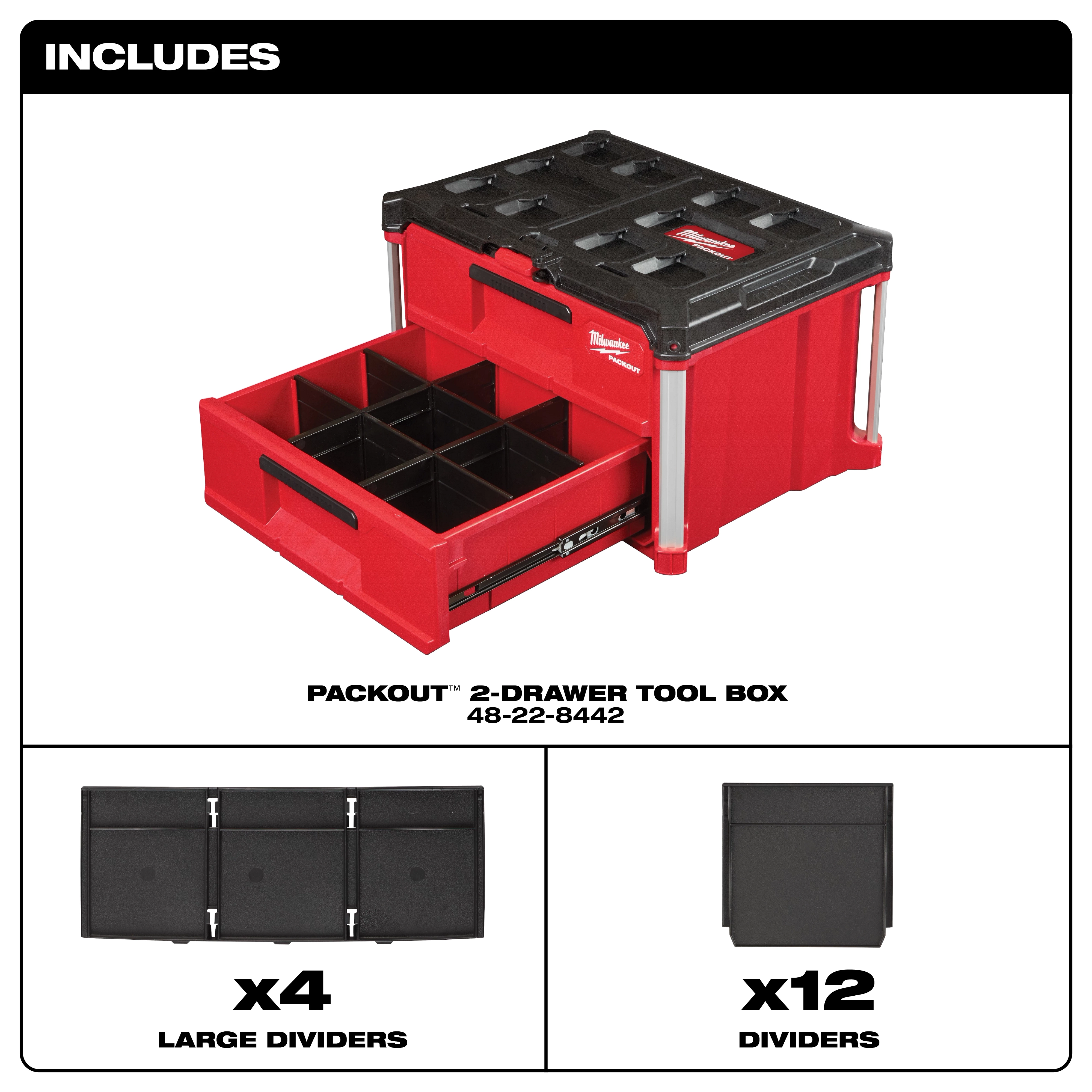 PACKOUT 2-Drawer Tool Box includes four large dividers and twelve small dividers. The tool box is red with a black lid.