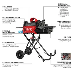 The MX FUEL™ Pipe Threading Machine features dual speed options, a rear hammer chuck, durable metal housing, and cart springs. It includes a self-contained oil reservoir, oil plug, carriage release lever, and transportation handles. The die head offers micro-adjustments and threads pipes up to 2 inches.