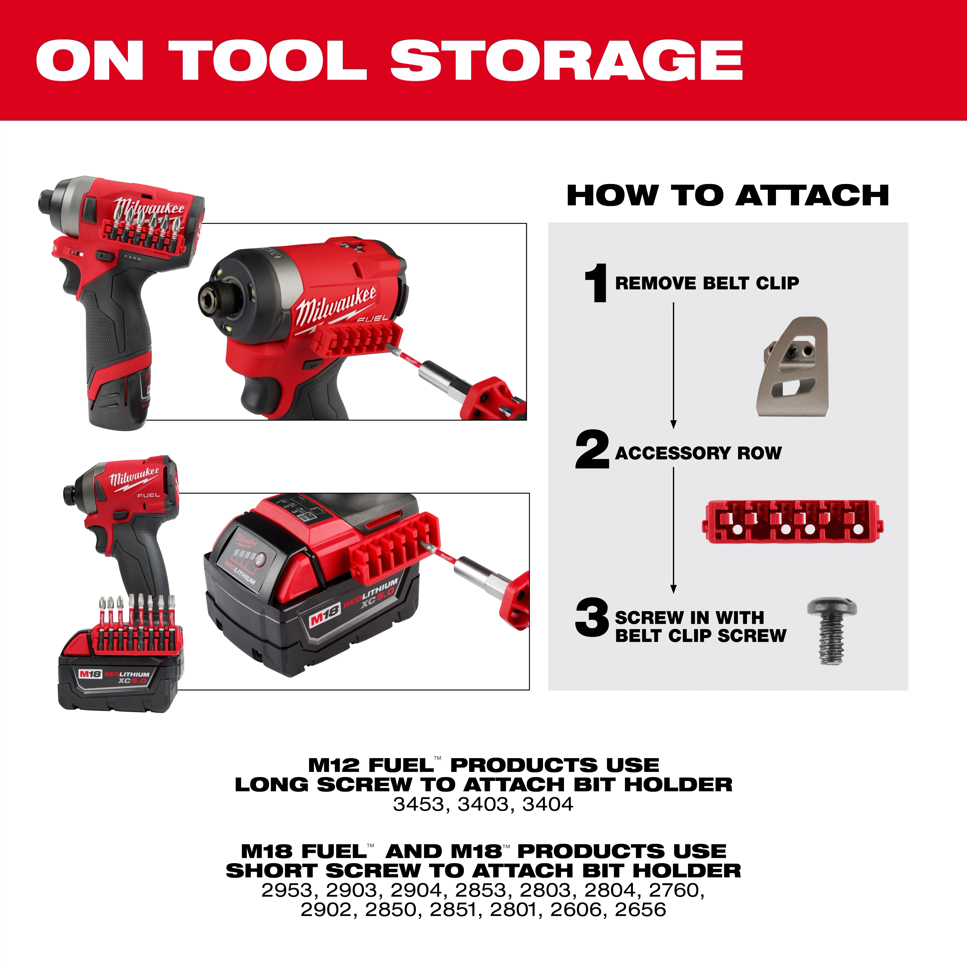 Milwaukee On-Tool Storage product image showing how to attach a bit holder to various tools. The three steps include removing the belt clip, attaching to the accessory row, and screwing in with the belt clip screw. Instructions differ for M12 and M18 products regarding screw length.