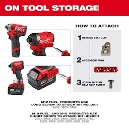 Milwaukee On-Tool Storage product image showing how to attach a bit holder to various tools. The three steps include removing the belt clip, attaching to the accessory row, and screwing in with the belt clip screw. Instructions differ for M12 and M18 products regarding screw length.