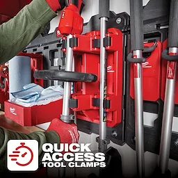 Milwaukee PACKOUT Long Handle Tool Rack mounted on a wall with tools and quick access clamps. Text reads "Quick Access Tool Clamps."