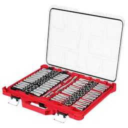 The image shows the 98-piece 3/8" 6-Point and 12-Point Metric & SAE Ratchet & Socket Set with PACKOUT™ Low Profile Organizer. The set is neatly arranged in a red carrying case with a clear lid, featuring various sockets and ratchets.