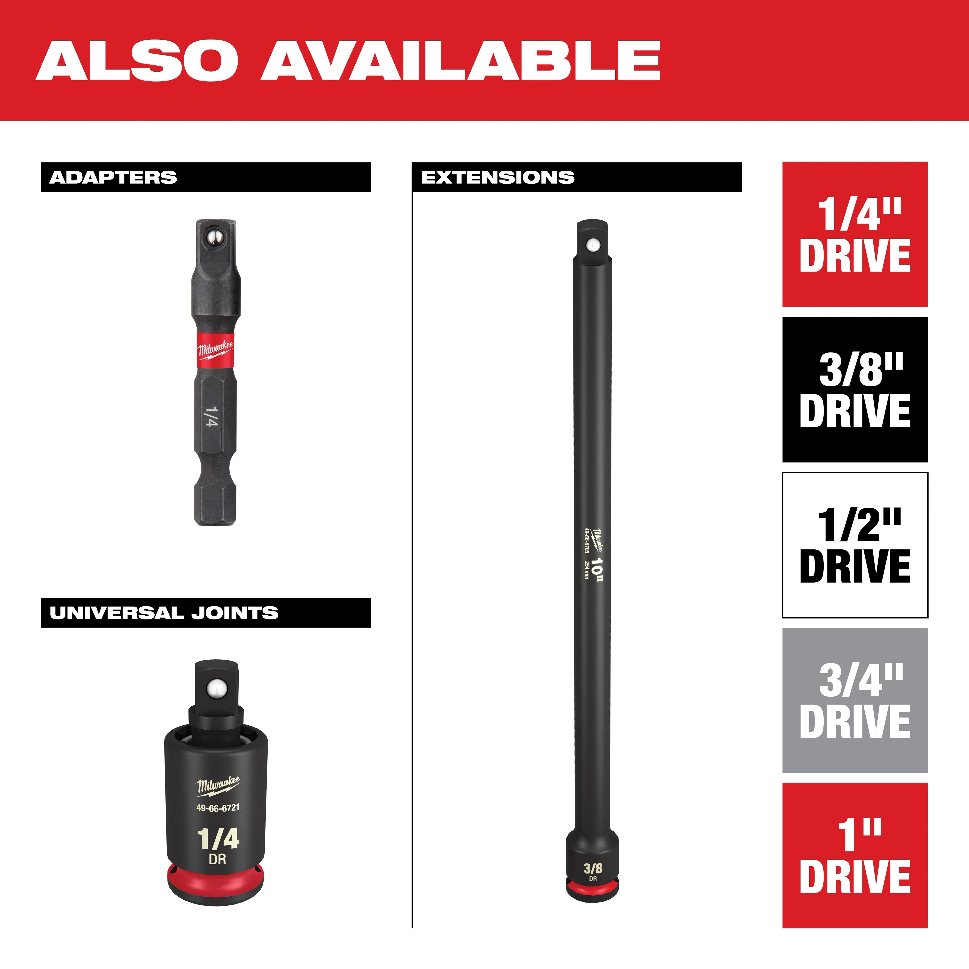 PTA Sockets product image displays various models including adapters, extensions, and universal joints. Labeling indicates available drive sizes: 1/4", 3/8", 1/2", 3/4", and 1". The background is white with red, grey, and black text.