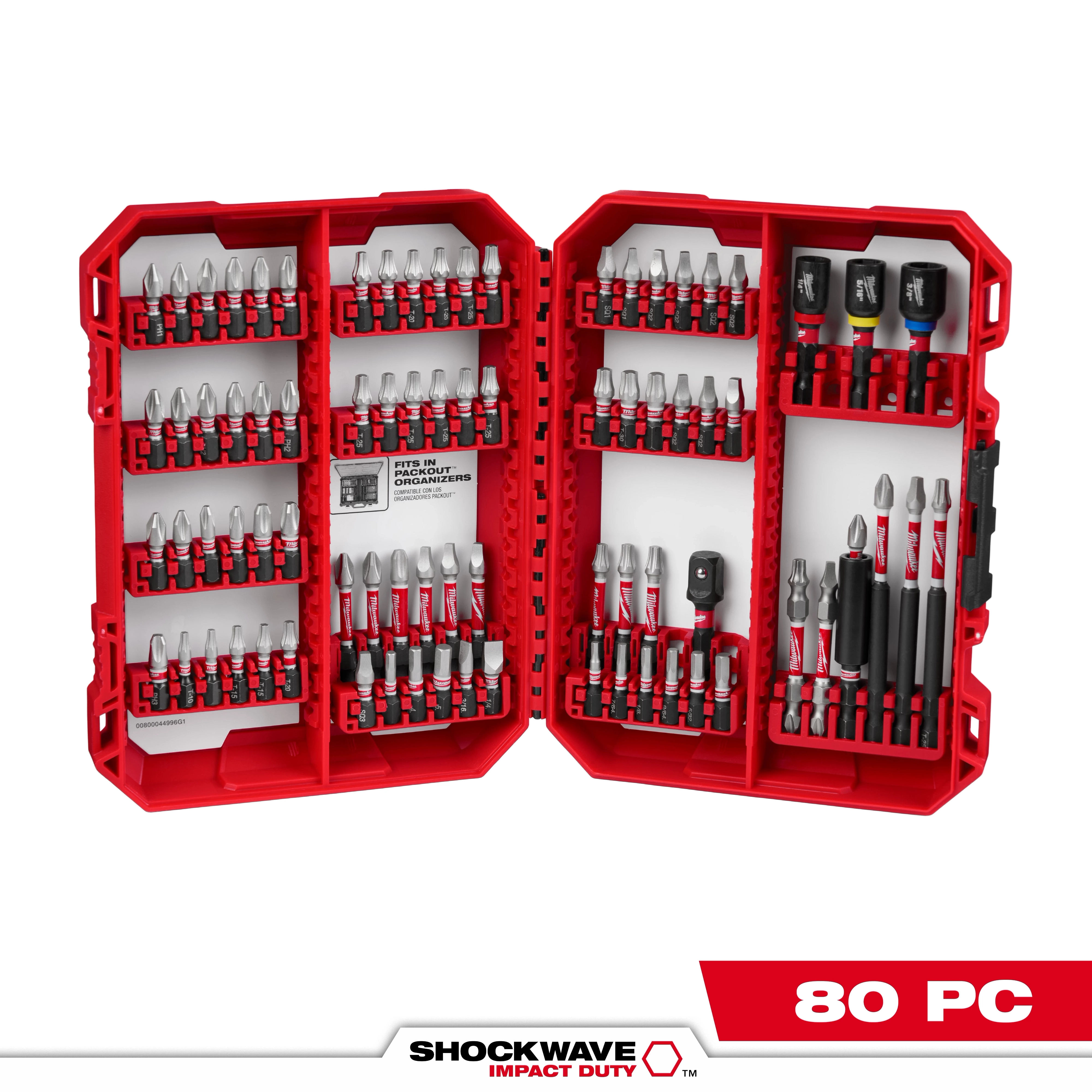 The image shows the SHOCKWAVE™ Impact Duty Driver Bit Set - 80PC in an open red plastic case with multiple driver bits of various sizes and types organized neatly in rows. The product title and "80 PC" are displayed at the bottom.