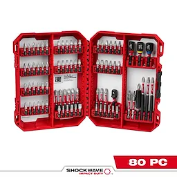 The image shows the SHOCKWAVE™ Impact Duty Driver Bit Set - 80PC in an open red plastic case with multiple driver bits of various sizes and types organized neatly in rows. The product title and "80 PC" are displayed at the bottom.