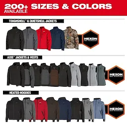 M12 Heated Hoodie collection displayed among other apparel, available in various colors including black, grey, red, and blue. The selection also highlights Toughshell and Quietshell jackets, and Axis jackets and vests with Hexon Heat Technology. Over 200 sizes and colors are available.