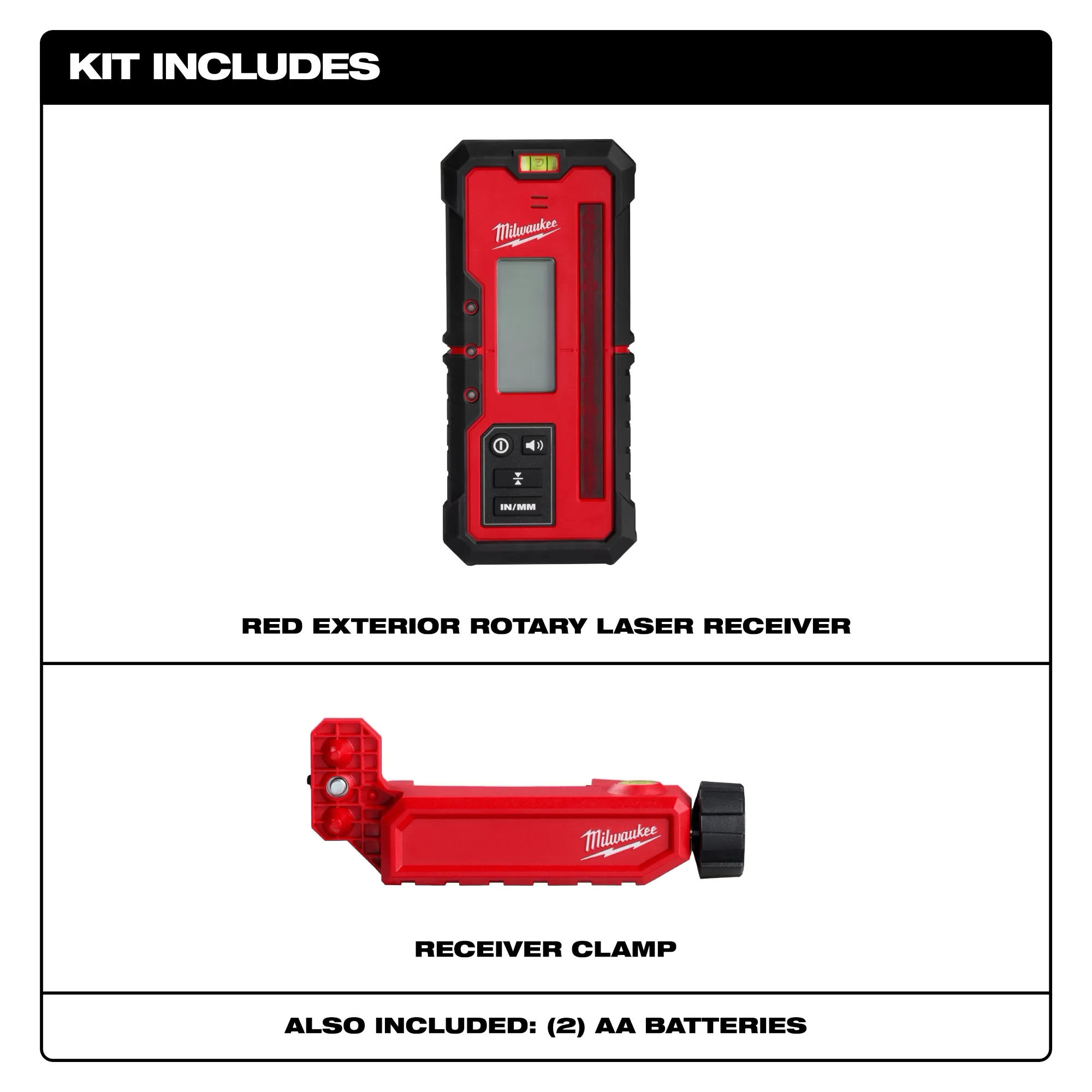 Includes red exterior rotary laser, receiver clamp, and (2) AA batteries