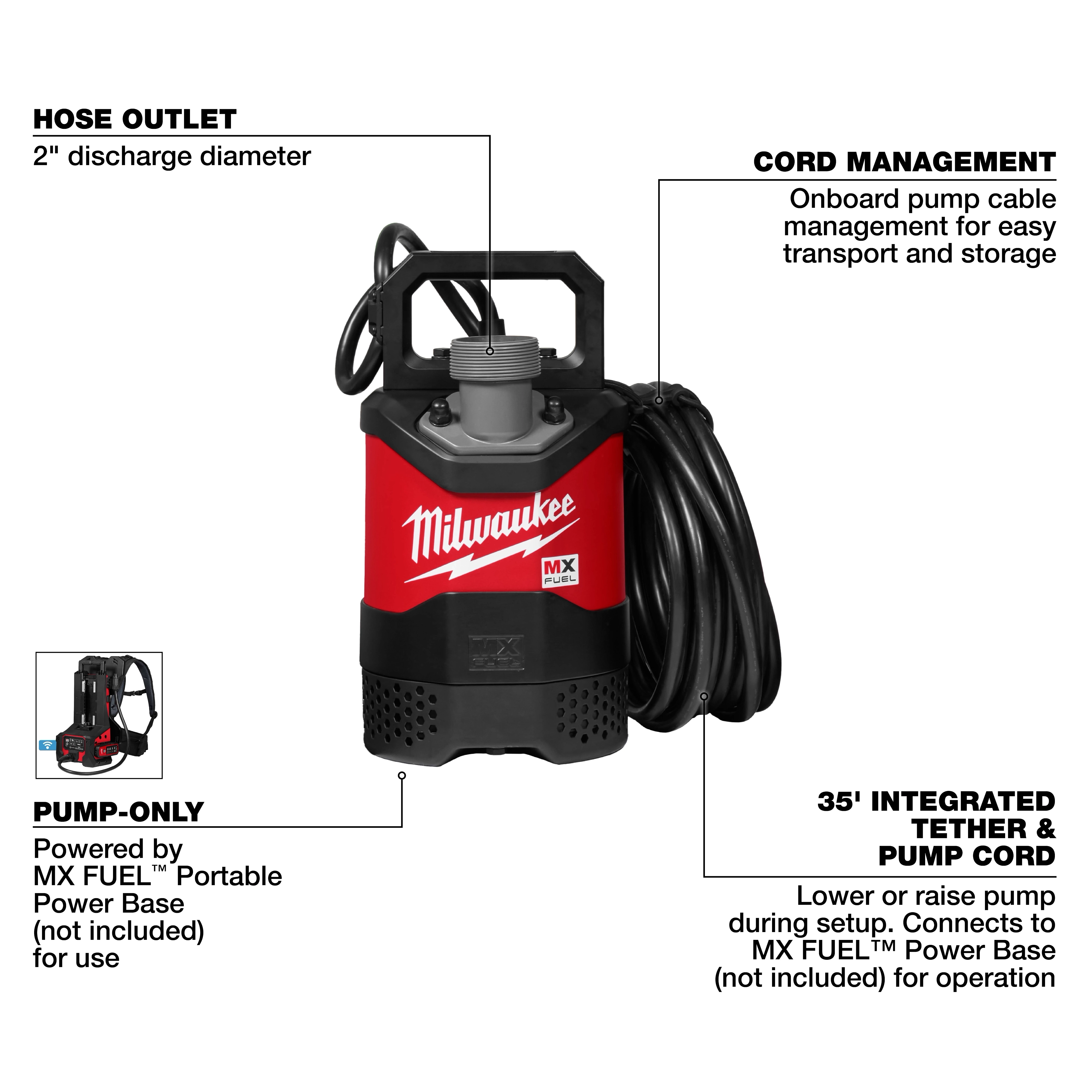 Image of the MX FUEL™ 1HP 2" Submersible Pump. The pump has a 2" discharge hose outlet, onboard pump cable management, a 35-foot integrated tether and pump cord, and operates using the MX FUEL™ Portable Power Base (not included). The pump is branded Milwaukee with a red and black design.