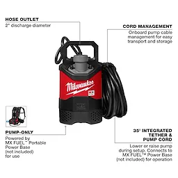 Image of the MX FUEL™ 1HP 2" Submersible Pump. The pump has a 2" discharge hose outlet, onboard pump cable management, a 35-foot integrated tether and pump cord, and operates using the MX FUEL™ Portable Power Base (not included). The pump is branded Milwaukee with a red and black design.