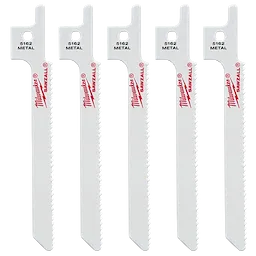 Five 3-5/8" 10 TPI SAWZALL® Blades for Metal Scroll displayed vertically side by side. Each blade is white with red branding and labeled "5162 METAL." The packaging quantity is five blades.