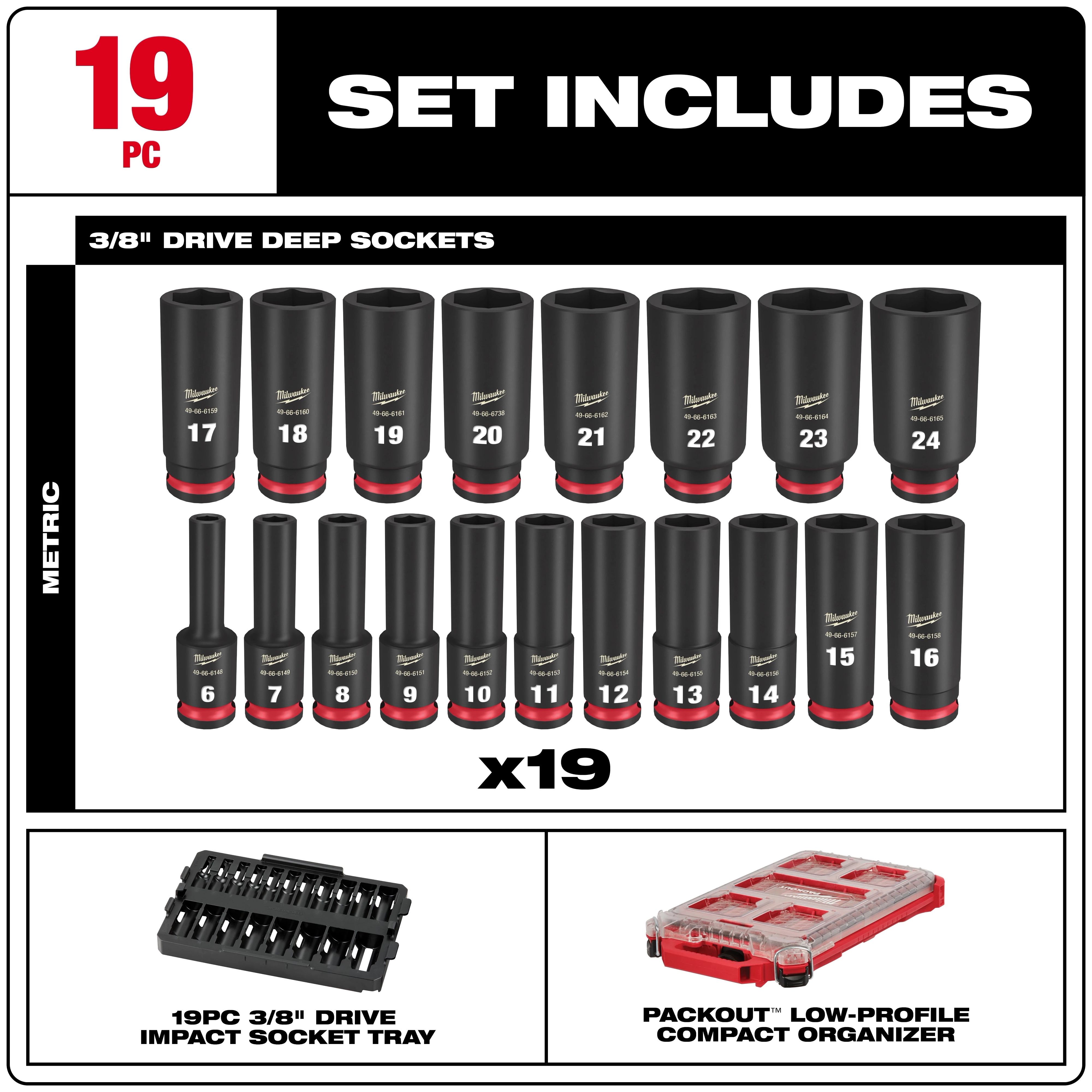 SHOCKWAVE Impact Duty 3/8 in. Drive Metric Deep Well Impact PACKOUT Socket Set 19 Piece includes 19 deep sockets ranging from size 6 to 24, a 3/8" drive impact socket tray, and a PACKOUT low-profile compact organizer.