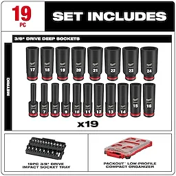 SHOCKWAVE Impact Duty 3/8 in. Drive Metric Deep Well Impact PACKOUT Socket Set 19 Piece includes 19 deep sockets ranging from size 6 to 24, a 3/8" drive impact socket tray, and a PACKOUT low-profile compact organizer.