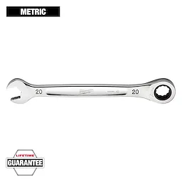 This image shows a 20mm metric combination wrench by Milwaukee with a lifetime guarantee. The wrench features an open end on one side and a ratcheting box end on the other. The word "METRIC" is written above the wrench, and a "GUARANTEE" badge is located at the bottom.