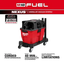 The M18 FUEL™ NEXUS™ 9 Gallon Dual-Battery Wet/Dry Vacuum is shown in red and black with wheels and various attachments. It requires two batteries, not included, and promises over 40 minutes of continuous cleaning with corded performance in a cordless design for maximum versatility.