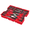 The image shows an 11PC Pliers & Pick Set with Tray for PACKOUT™ Drawers. The set includes various red and silver pliers and picks neatly arranged in a red and black tray. The tools are organized in specific slots, making them easily accessible.