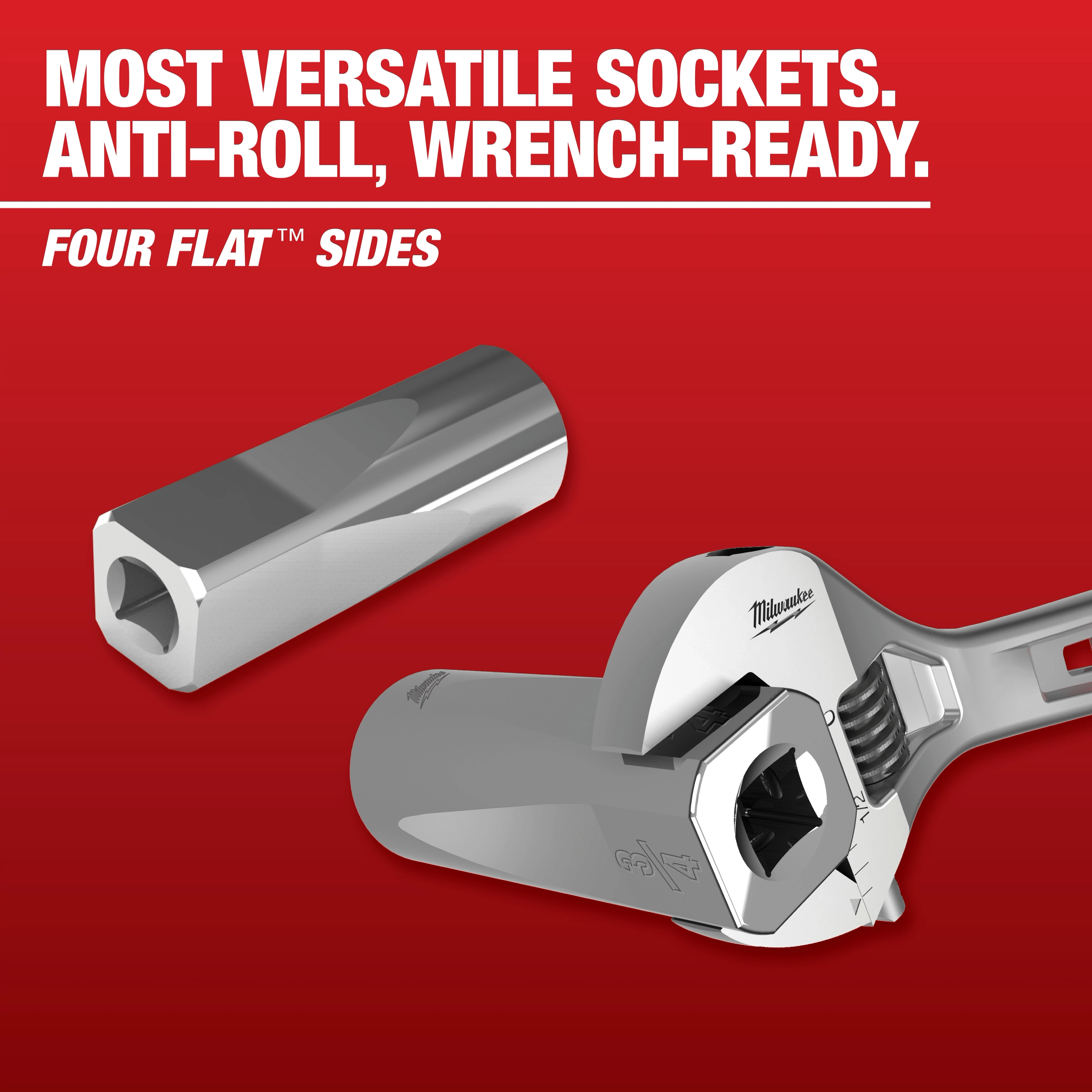 Image promoting Mechanic Hand Tools featuring a versatile socket and an adjustable wrench against a red background. The text highlights "Most Versatile Sockets," "Anti-Roll, Wrench-Ready," and "Four Flat™ Sides."