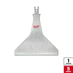 Milwaukee 5-inch Scraper Blade is a single-pack, durable metal blade designed for removing materials. The blade is wide with a straight edge, featuring the Milwaukee logo at the top.