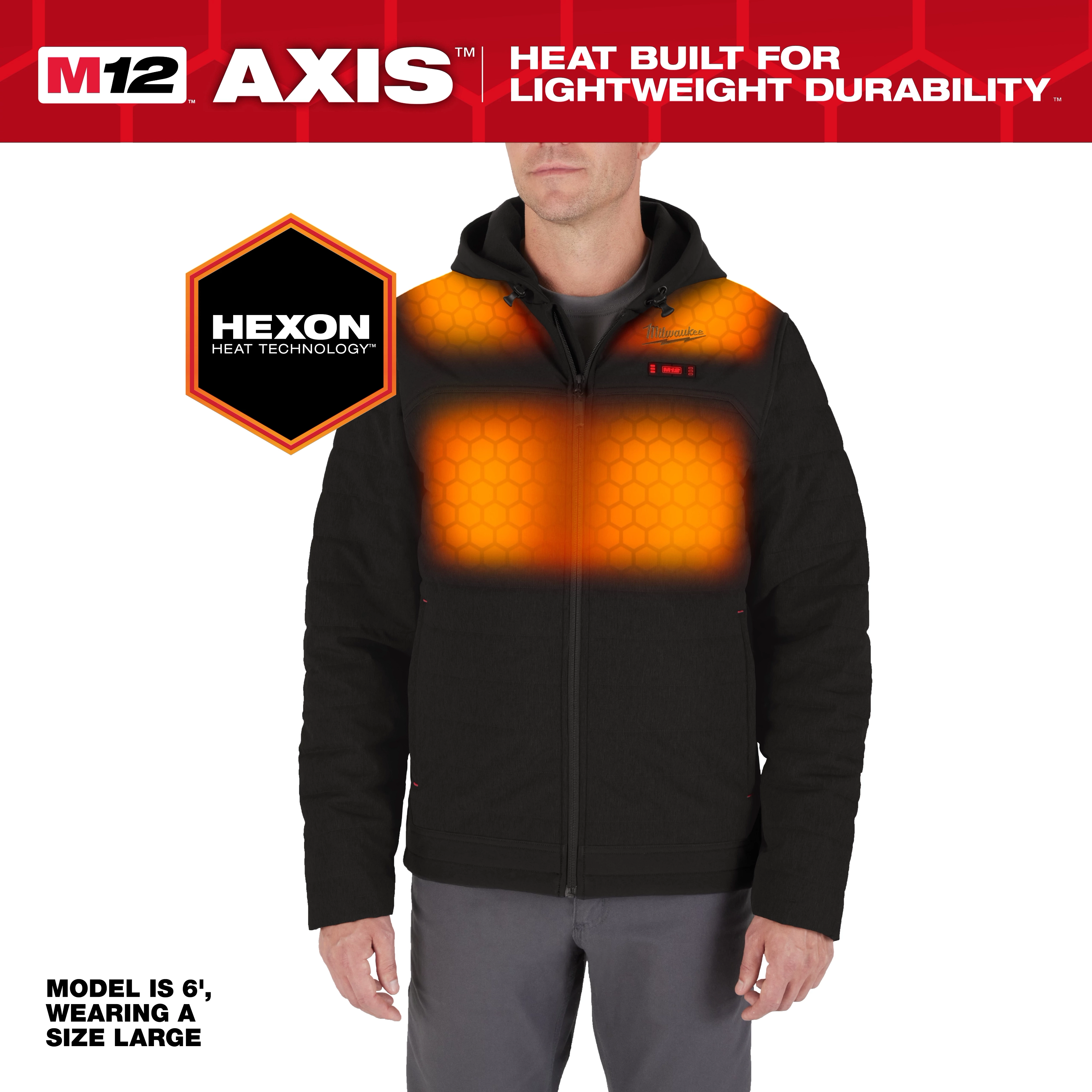M12 Heated AXIS Jacket, featuring Hexon heat technology, worn by a 6' model in size large. Heat zones on chest and shoulders.