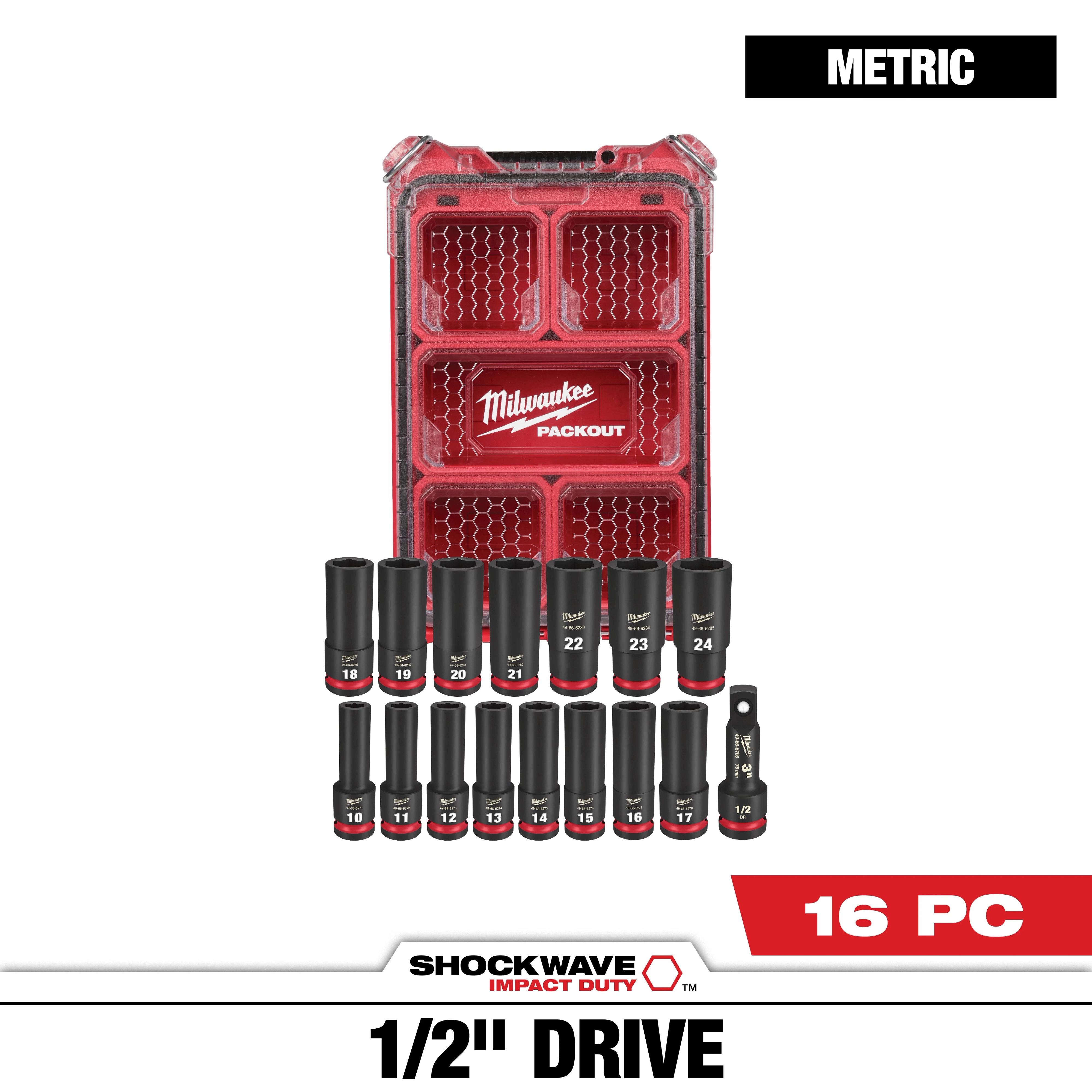 SHOCKWAVE Impact Duty  1/2  Drive Metric Deep Well PACKOUT Socket Set  16 Piece