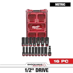 SHOCKWAVE Impact Duty  1/2  Drive Metric Deep Well PACKOUT Socket Set  16 Piece