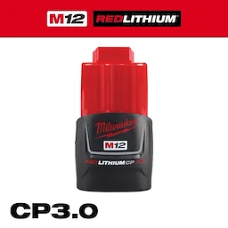 The M12™ REDLITHIUM™ 3.0 Compact Battery Pack is shown. It features a red and black design with "Milwaukee" and "M12" logos. "REDLITHIUM CP 3.0" is printed below.