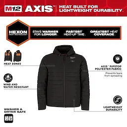 M12 Heated AXIS Jacket in black, features Hexon heat technology, heat zones, ripstop polyester fabric, wind and water resistance, and is washer and dryer safe.