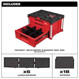 Red PACKOUT Multi-Depth 3-Drawer Tool Box with one open drawer showing adjustable dividers. Includes 6 large and 18 small dividers.