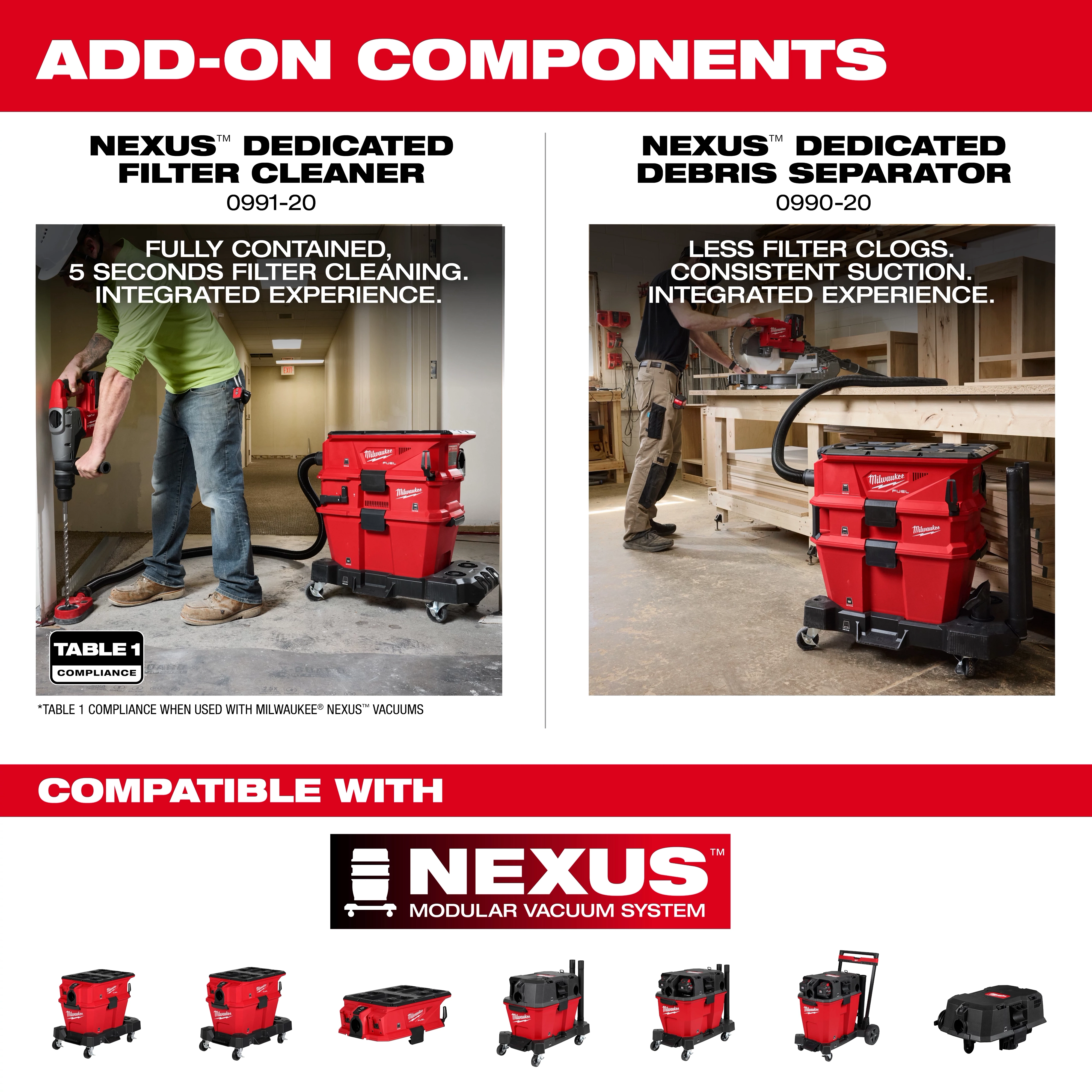 Add-on components for the NEXUS™ Vacuum Program include the Nexus™ Dedicated Filter Cleaner and Nexus™ Dedicated Debris Separator. The image shows workers using these red vacuum units, emphasizing integrated experiences and reduced filter clogs. The products are compatible with the NEXUS™ Modular Vacuum System.