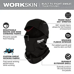 WORKSKIN™ Balaclava in black with features highlighted: breathable mouth and nose covering to prevent freezing, custom sweat wicking fabric, trade built 360° stretch, brushed fleece interior for warmth and comfort, and a durable exterior shell enhancing lifespan. Includes Milwaukee logo.