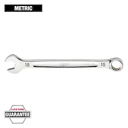 The image shows a Milwaukee 15mm metric wrench with open-end and box-end sides. It has a lifetime guarantee label at the bottom left corner and the word "METRIC" in the top left corner.
