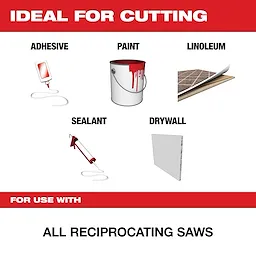 "For Use With" is ideal for cutting adhesive, paint, linoleum, sealant, and drywall using all reciprocating saws.