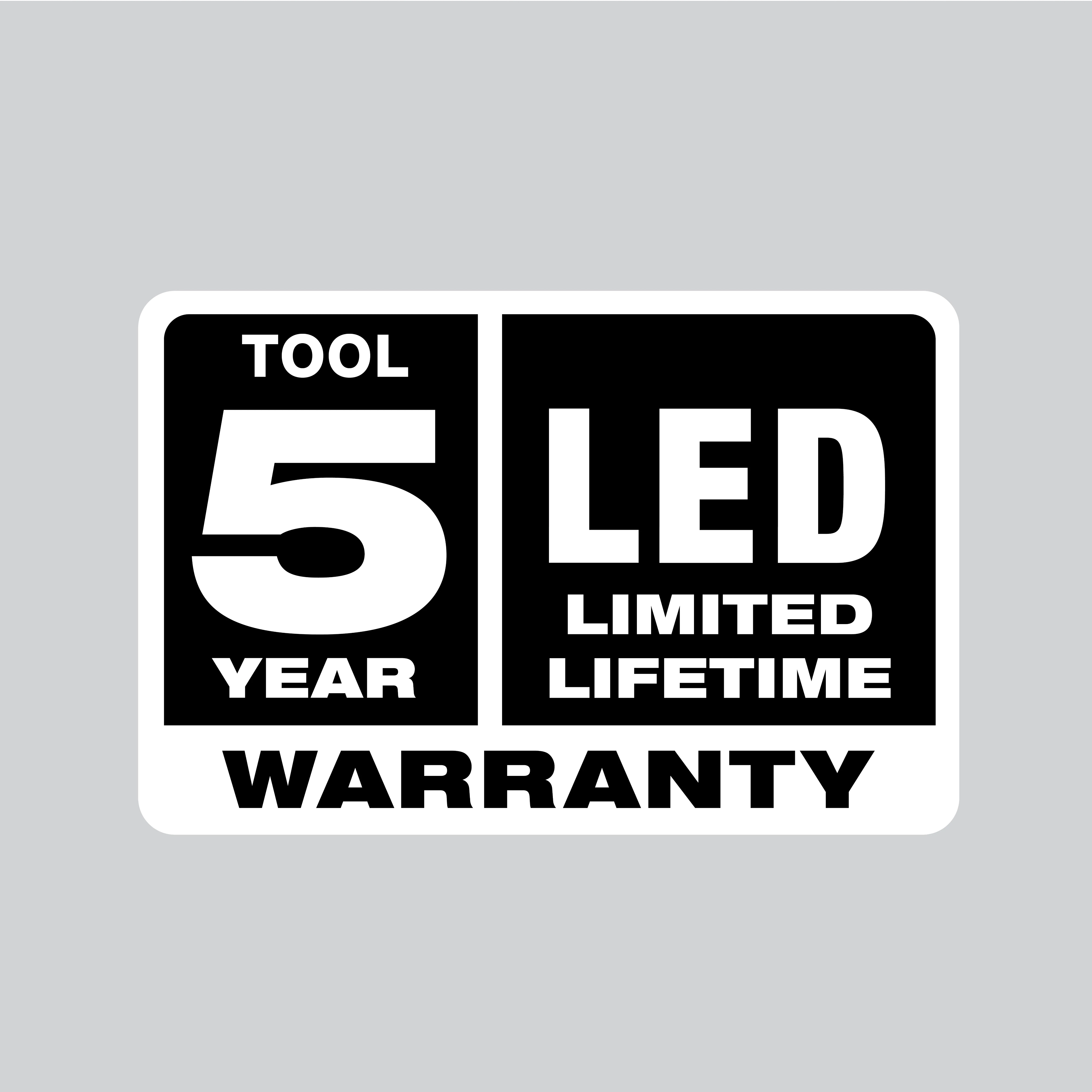 5 year tool warranty, LED limited lifetime warranty logo