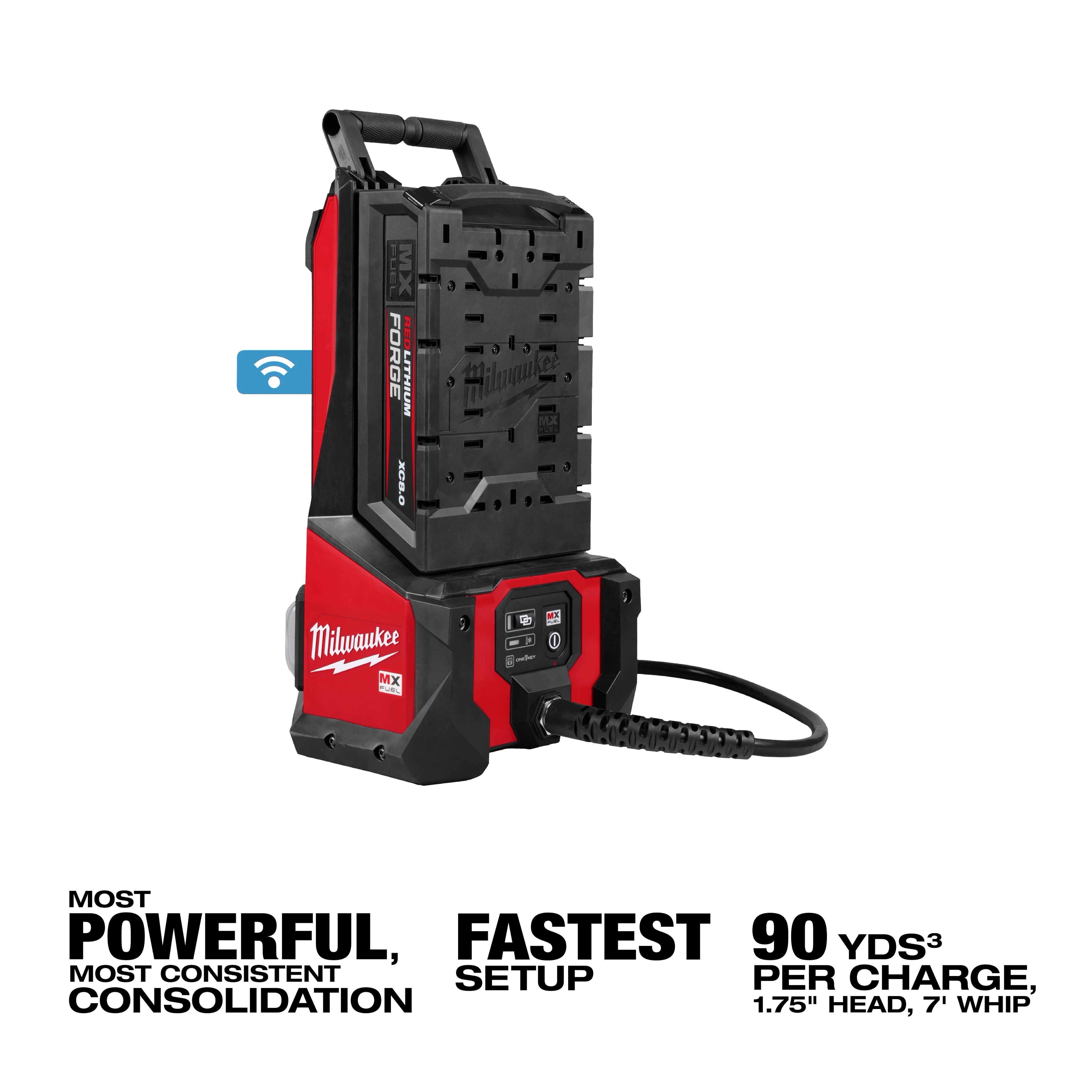 The MX FUEL™ High Cycle Concrete Vibrator Kit by Milwaukee features a powerful red and black unit with a flexible hose. It is labeled as the most powerful and fastest for concrete consolidation, offering up to 90 cubic yards per charge with a 1.75” head and 7’ whip.