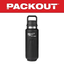 Black 36oz insulated bottle with chug lid from PACKOUT, featuring the Milwaukee logo on the front. Red banner at the top with PACKOUT text.