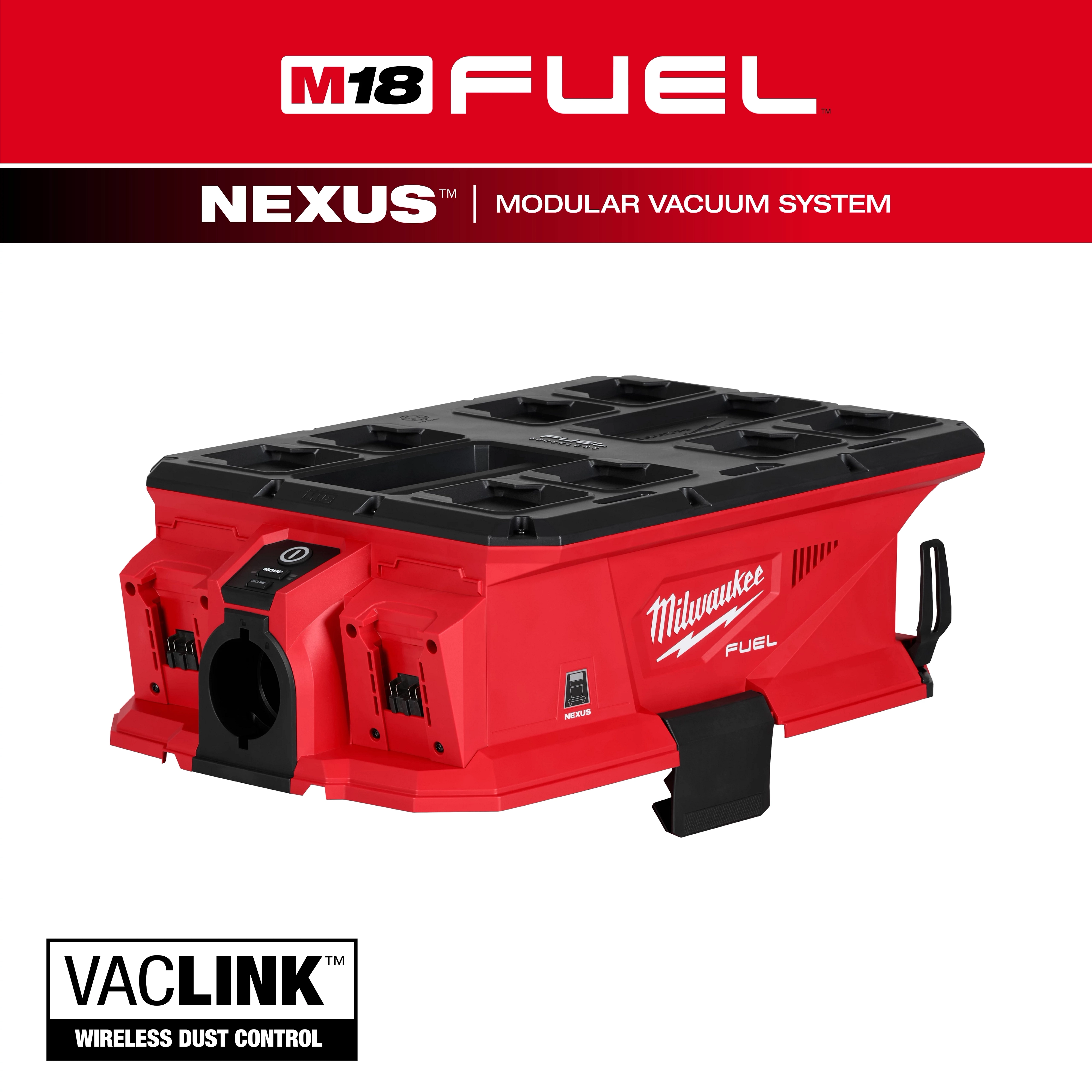 The M18 FUEL™ NEXUS™ Dual Battery Wet/Dry Vacuum Motor Head with PACKOUT™ Compatibility & VACLINK™ is a red and black modular vacuum system by Milwaukee, featuring wireless dust control.