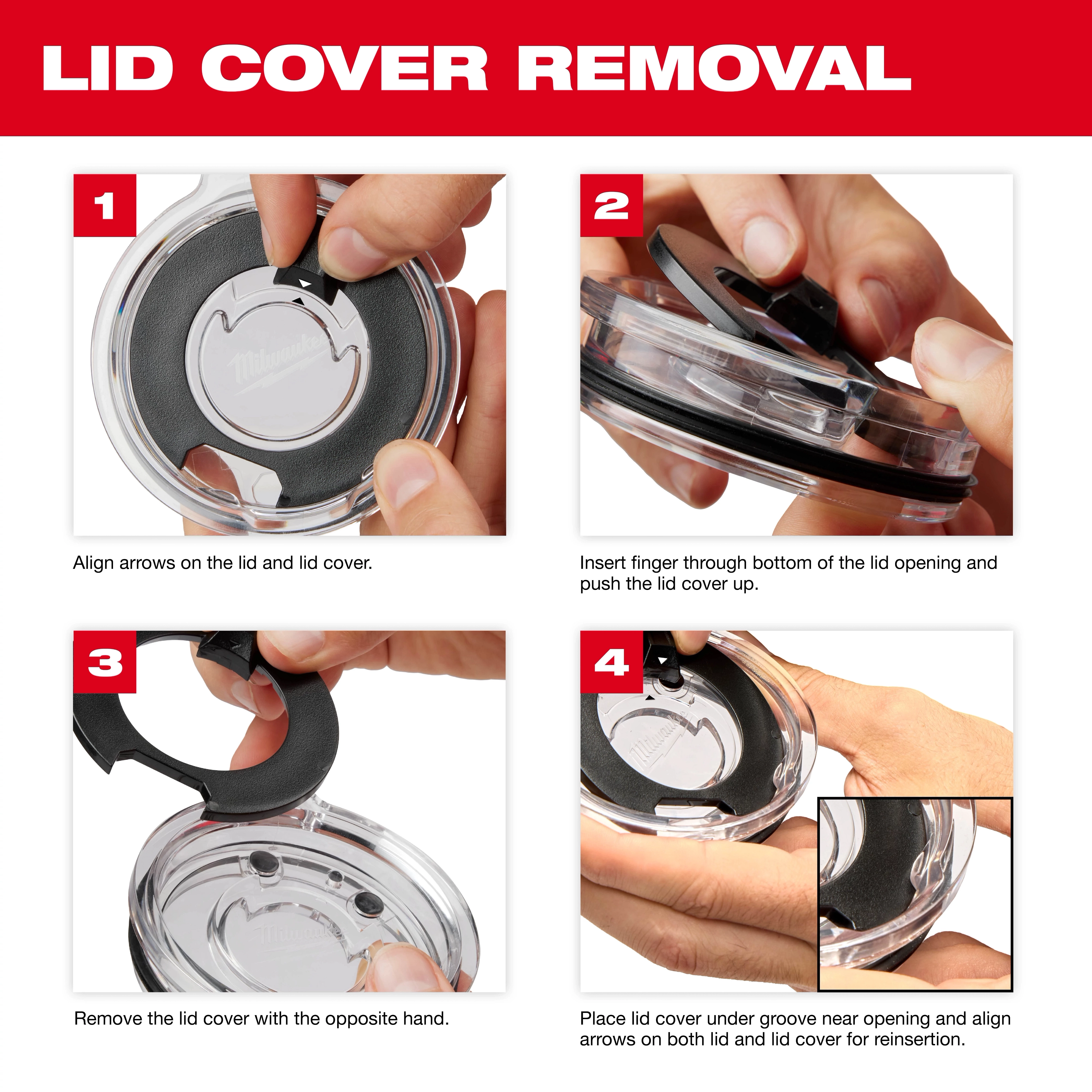 Instructions for removing and reinserting the lid cover on PACKOUT Tumblers, showing step-by-step alignment and lid lifting techniques.