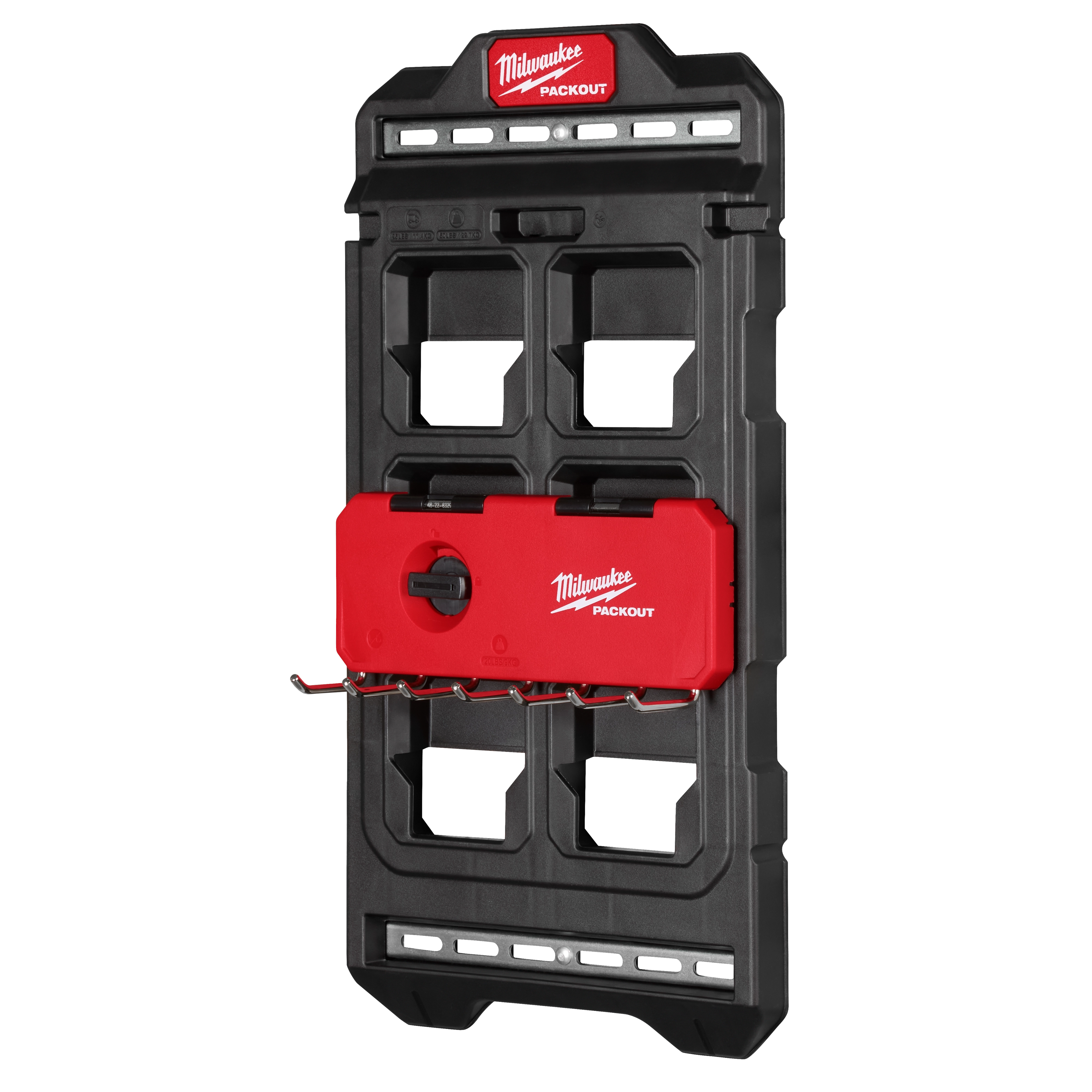 Black and red PACKOUT Compact Wall Plate with multiple mounting slots and hooks for tool organization and storage.