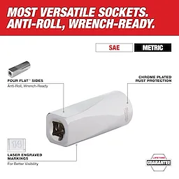 This image highlights a versatile socket with anti-roll, wrench-ready design, four flat sides, chrome-plated rust protection, and laser-engraved markings for better visibility. The socket is part of the metric-type with lifetime guarantee and features "Most Versatile Sockets" in bold text.