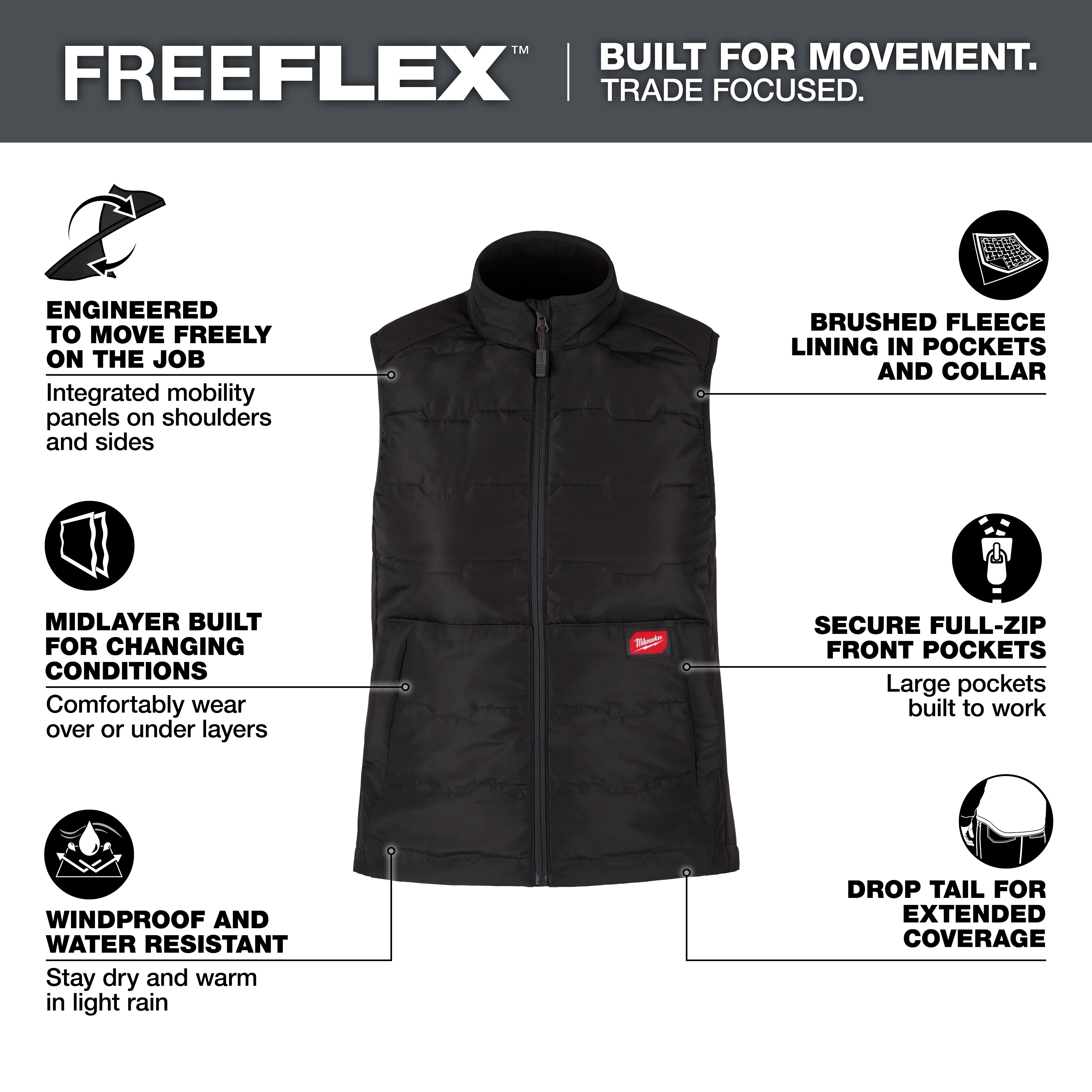 The Women's FREEFLEX™ Lightweight Insulated Vest Black features integrated mobility panels, brushed fleece lining, secure full-zip pockets, windproof and water-resistant material, and a drop tail for extended coverage. It is designed to be a versatile midlayer for changing conditions and allows for free movement.