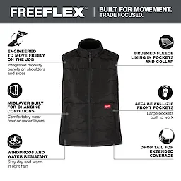 The Women's FREEFLEX™ Lightweight Insulated Vest Black features integrated mobility panels, brushed fleece lining, secure full-zip pockets, windproof and water-resistant material, and a drop tail for extended coverage. It is designed to be a versatile midlayer for changing conditions and allows for free movement.