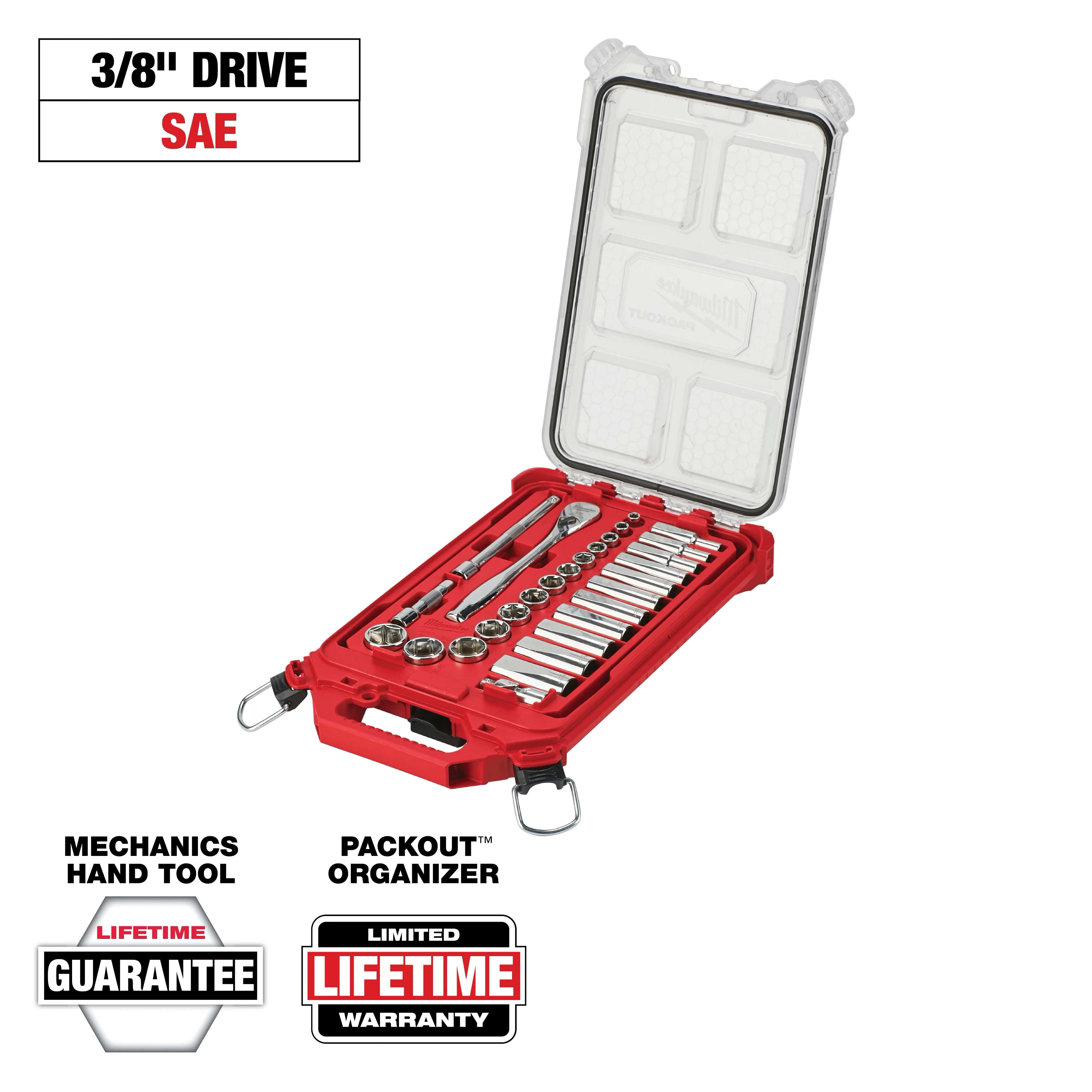 The image shows a red tool organizer containing a 3/8" SAE drive socket set with multiple sockets, ratchets, and extensions. It is labeled as a mechanic's hand tool with a lifetime guarantee and a limited lifetime warranty, presented in a PACKOUT organizer.