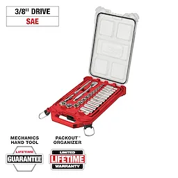The image shows a red tool organizer containing a 3/8" SAE drive socket set with multiple sockets, ratchets, and extensions. It is labeled as a mechanic's hand tool with a lifetime guarantee and a limited lifetime warranty, presented in a PACKOUT organizer.