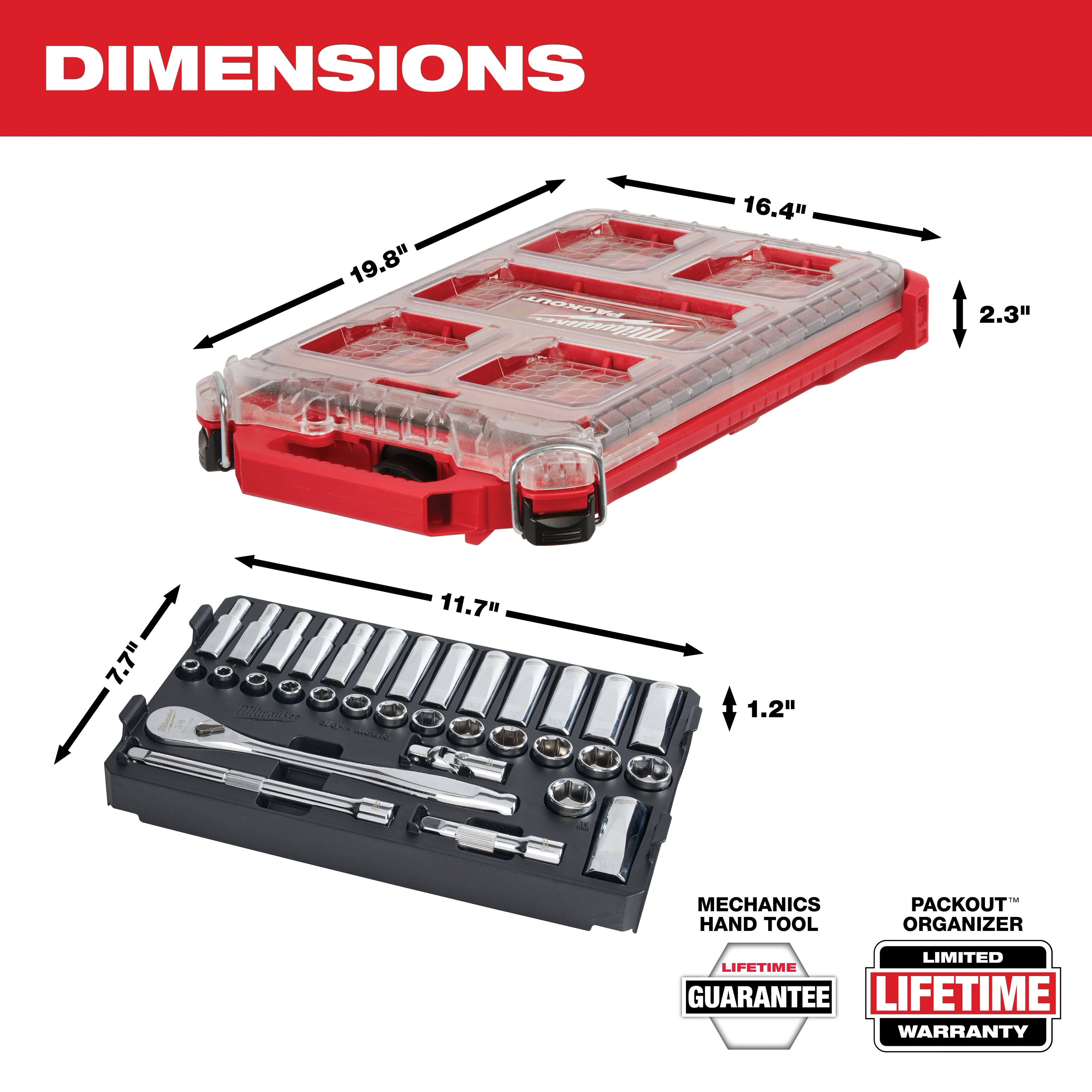 The image shows dimensions for a transparent packout organizer (19.8" x 16.4" x 2.3") and a black mechanics hand tool set (11.7" x 7.7" x 1.2"). It highlights a lifetime guarantee for the mechanic's tool and a limited lifetime warranty for the packout organizer.