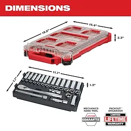 The image shows dimensions for a transparent packout organizer (19.8" x 16.4" x 2.3") and a black mechanics hand tool set (11.7" x 7.7" x 1.2"). It highlights a lifetime guarantee for the mechanic's tool and a limited lifetime warranty for the packout organizer.