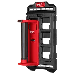The PACKOUT Compact Wall Plate is black and red with slots for mounting and an integrated holder, branded with Milwaukee.